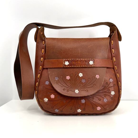 70's Leather Shoulder Bag with Painted Flowers - Picture 1 of 10